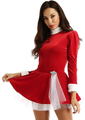 inlzdz Damen Eiskunstlauf Kleid Langarm Samt Tanzkleid mit Mesh Rock Ballett Trikot Turnanzug Weihnachtself Cosplay Weihnachtskleid Tanzkleidung Rot Small
