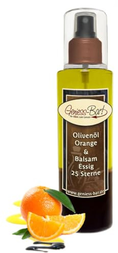 Sprühflasche Salatdressing 0,26L Olivenöl Orange & 25 Sterne Balsam Essig Spray in Premium Qualität Pumpspray Vinaigrette für unterwegs / Büro / Camping