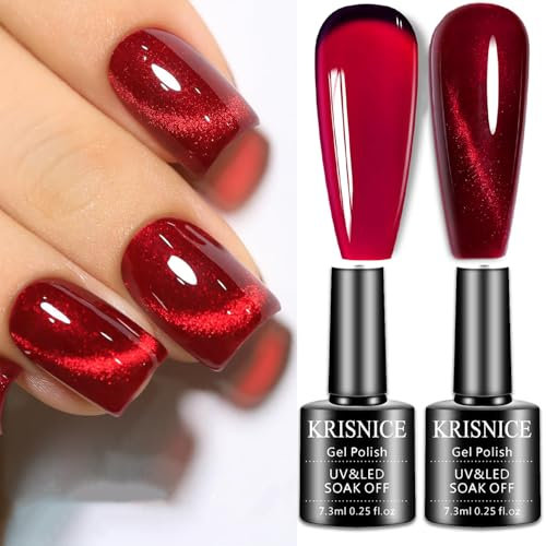 KRISNICE Jelly Gel Polish Set - Translucent Red & Burgundy Shades with Red Cat Eye Polish Long-Lasting UV/LED Soak Off DIY Home Manicure Kit Best Gift for Women(KCS2-004-Red)