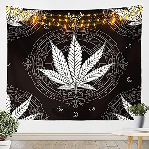 Loussiesd Marihuana Weed Wandbehang für Kinder Boho Cannabis Blätter Tapisserie Bohemien Mond Weed Leaf Botanisch Wandteppich 130x150cm Schwarz Weiß Schlafzimmer Dekor Wandkunst Tapestry