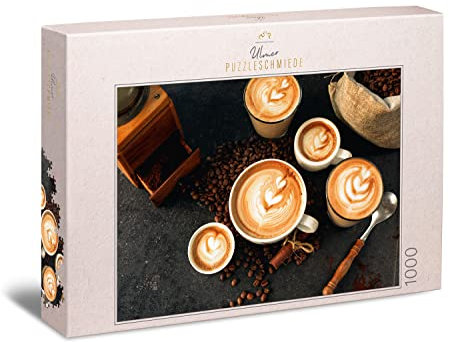 Ulmer Puzzleschmiede - Puzzle „Kaffee-Leidenschaft“ - Klassisches 1000 Teile Puzzle - Abwechslungsreiches Motiv mit Espresso-Tassen, Kaffee-Bohnen und Kaffee-Accessoires - Puzzle Made in Germany
