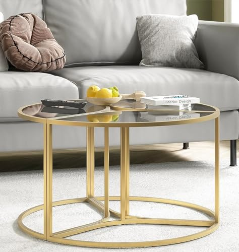 Hallowood Furniture Bourton Round Coffee Table 3 Units with Gold Metal Frame and Tinted Glass Top, Set of 3 Side Tables for Office, or Lounge, Modern Living Room Centre Table