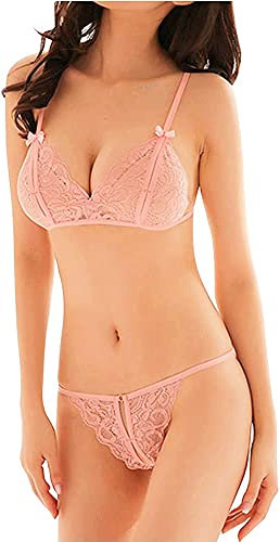 VicSec Set di reggiseno e mutandine da donna, 2 pezzi, sexy, in pizzo, babydoll, lingerie da annodare, reggiseno e perizoma per matrimonio e viaggio, rosa, Taglia unica