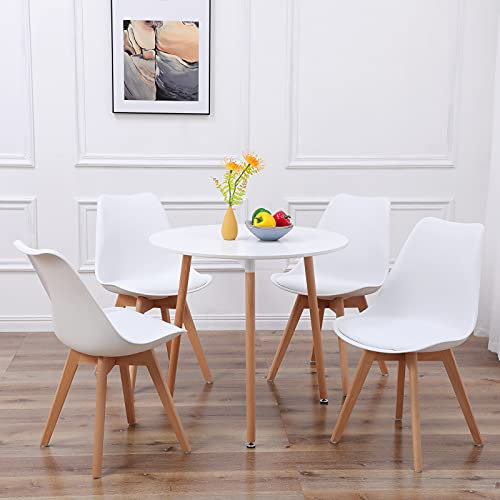 FURNITABLE Set aus Runder Esszimmertisch mit 4 Weißer Stühlen | Küchentisch-Set | Esszimmergruppe für Esszimmer Küche Wohnzimmer | 3-Bein-Tisch weiß