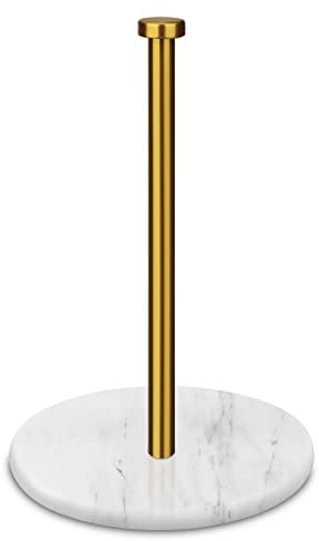 HESHIBI Paper Towel Holder Countertop with 7 Weighted White Marble Base - Modern Free Standing Paper Roll Holder, Brushed Gold Stainless Steel Stand Paper Towel Holder for Kitchen and Bathroom