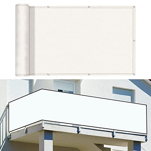 GUOJUN Balkonbespannung 115 x 450 cm Wind HDPE UV-Schutz Balkon Sichtschutz Windschutz mit Kabelbinder Ohne Bohren für Balkon Terrasse Garten, Weiß