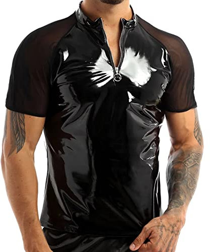 Beokeuioe Herren Lack-Optik Jacke Männer T-Shirt Unterhemd Wetlook Oberteile Muskelshirt Lack Leder Mesh mit Stehkragen Sexy Party Clubwear Lack Optik Wetlook bluse