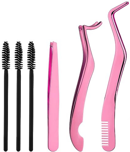 3stk Wimpernapplikator mit 3stk Augenbrauenpinsel Wimpernpinsel, Falsche Wimpern Applikator Clip-Applikator für Falsche Wimpern für Mädchen Frauen Anfänger Make-up-Künstler(Rosa)