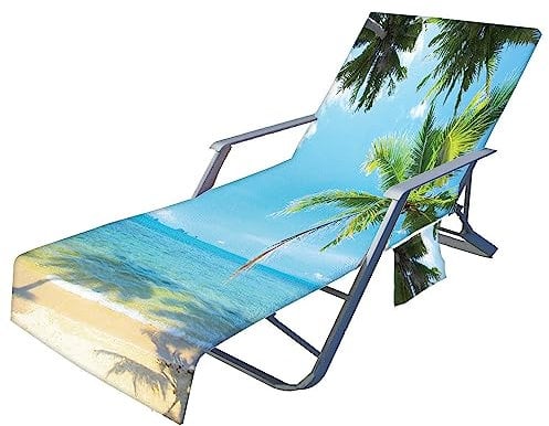 Chickwin Coconut Tree Beach Towel for Sun Lounger Cover/bag With Pockets Microfiber Pool Chair Towel Sunbathing Lounge Chaise Recliner Cover Towel for Vacation Holidays Travel Garden (75x200cm,K)