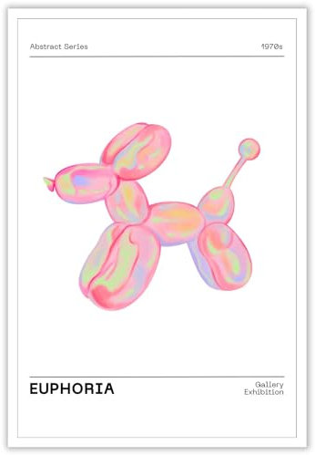 BNGFDV Retro Euphoria Leinwand-Wandkunst, minimalistisch, trendig, adrett, Retro, abstrakt, Aura, Farbverlaufsposter, holografischer Hundeballon, flippig, verspielt, rosa Druck, Mädchen, Teenager,