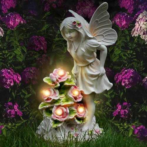 Kssiaz Statue du Jardin des Anges, Sculpture de Fée Papillon avec Fleur Illuminée à Energie Solaire, Figurine de l'ange de la Prière Décoration de Jardin Extérieur Imperméable de Cour Salon