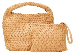 SIDONA Damen Gewebte Hobo Handtasche 2-teiliges Set Retro Tasche PU Leder, Beige