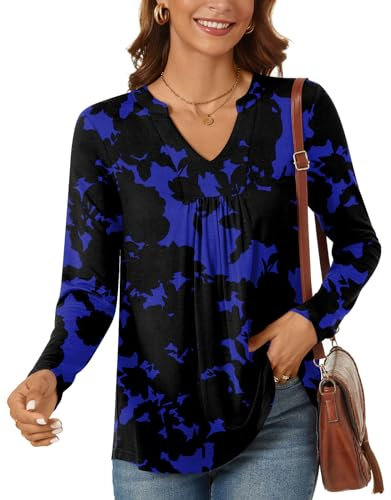 Bestbee Women's Long Sleeve Shirts Plus Size Notch V Neck Pleated Tunic Tops Dressy T-Shirts Loose Fit Blouses for Leggings, XL, Blue Flower