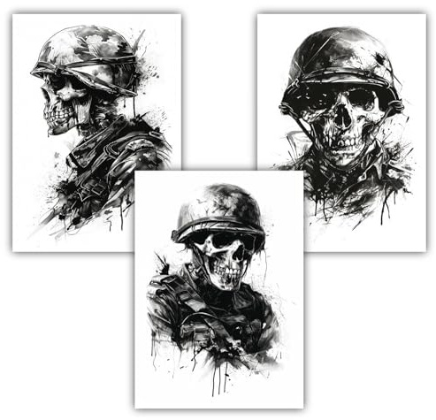 Samunshi® 3x Kunstdruck Totenkopf Poster Set mit Soldaten Motiven Bilder für Jugendzimmer Deko Geschenk DIN A4 21x29,7cm
