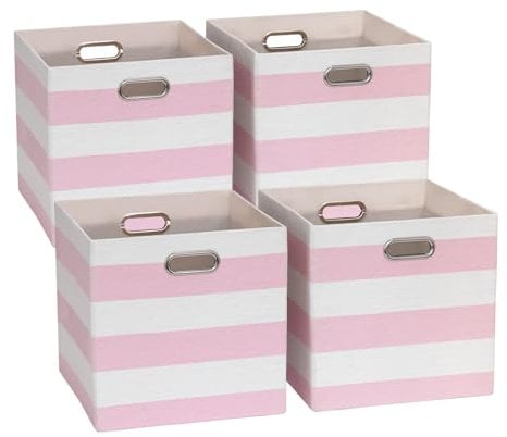 BinWhiz 4-Pack 33x33x33 cm Foldable Storage Cube Bins, Fabric Stripes Home Organizer Boxes with Metal Handles for Kallax Shelves, Closet, Cabinet, Bookcase Decor and Laundry (Pink & White)