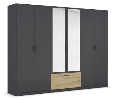 Rauch Möbel Bari, Drehtürenschrank, 6-türig, Kleiderschrank Grau-Metallic/Eiche Artisan, 1 Schublade, mit Spiegel, 271x210x54cm