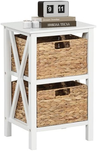 COSTWAY 3-stufiger Nachttisch mit Seegraskörben, schmaler X-Design Beistelltisch, Sofatisch mit Akazienholzbeinen, Aufbewahrungsschrank für Wohnzimmer, Schlafzimmer, Walnuss (36 x 30 x 57 cm)