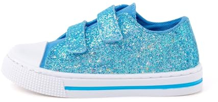 Kids Canvas Trainers, Girls Easy Fasten Shoes Size 6, Blue Glitter
