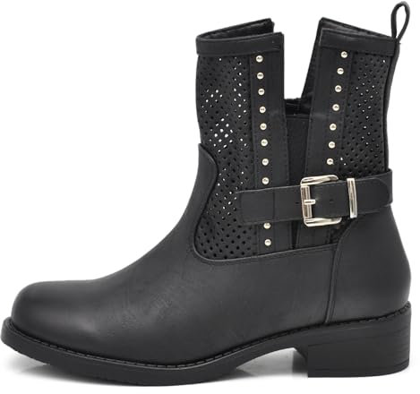 IF Fashion Stiefel Biker Motorradstiefel Damen perforiert mit Schnallen Frühling Sommer Kunstleder Jeans Optik GR-6656, 677 Schwarz, 40 EU
