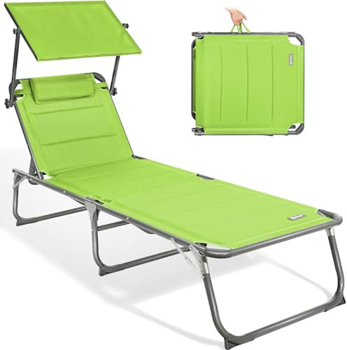 Homecall Sonnenliege Klappbar Mit Dach, Kopfstütze, 5-Fach Verstellbare Rückenlehne, 200 x 70 cm Gartenliege Wetterfest, Liegestuhl Klappbar Leicht, Bis 180 kg für Garten, Balkon - XXL (Grün)