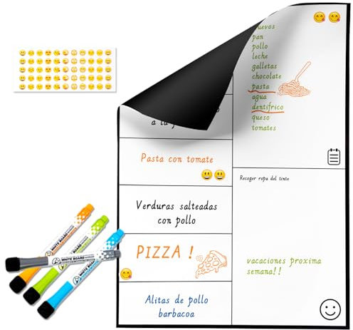 Magnetisch Whiteboard Wochenplaner abwischbar A4 30x21cm | Magnettafel für Kühlschrank + 4 Markern + Emoji-Aufklebern, Essensplaner, Putzplaner oder To-Do-Liste