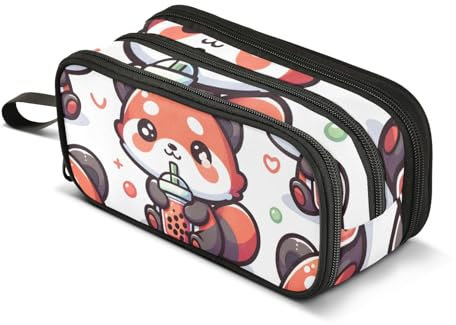 Federmäppchen mit süßem rotem Panda mit Bubble Tea, großes Fassungsvermögen, Stifttasche für Jungen und Mädchen, 3 Fächer, Federmäppchen, Studenten, Schreibwaren, Organizer, Marker-Etui für Schule,