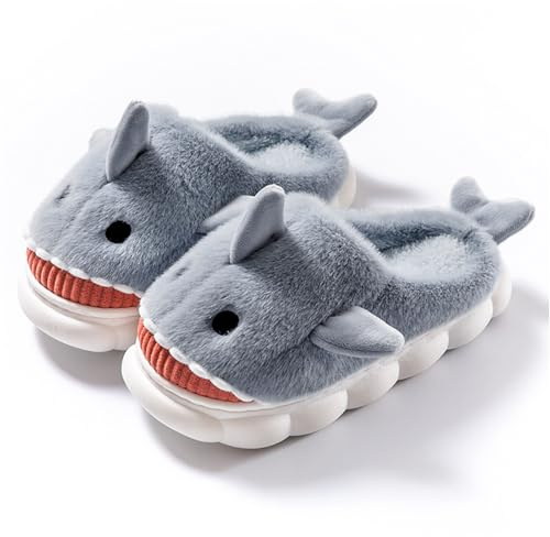 dressfan Hai Hausschuhe Plüsch,3D Tierhausschuhe Hai Slippers Pantoffeln,Leise Dicke Weiche Rutschfeste Sohle Memory Foam Home Slippers,Lustig Hausschuhe für Damen Herren,Grau,EU 44-45