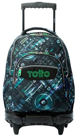 TOTTO - Mochila Escolar con Ruedas, Modelo Renglones, Capacidad 26,21 Litros, Bolsillo para PC 14, Bolsillo para Botella, Correas en S para Mayor Comodidad, Resistente, Estampado Mixer Black
