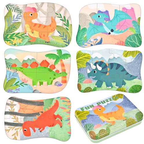 Wooderma Kinderpuzzle aus Holz, Dinosaurier & Tierpuzzle, Montessori-Holzpuzzle für Jungen & Mädchen ab 3, 4, 5 Jahren – Perfektes Lernspielzeug & Geschenk, Kinderspielzeug (5er-Pack)