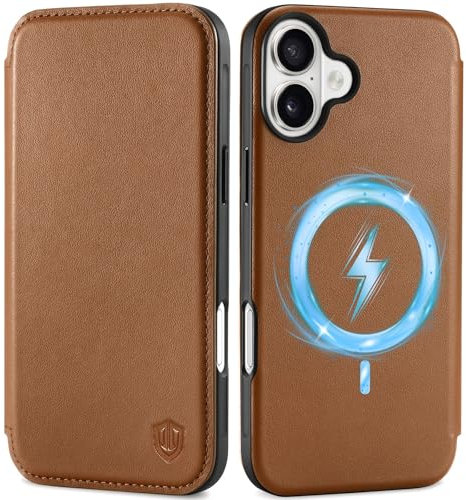 SHIELDON Case for iPhone 16 Plus, Genuine Leather Wallet Slim Folio [3 Card Slots][RFID Blocking][Magnetic Closure] Shockproof Wireless Charging Cover Compatible with iPhone 16 Plus - Saddle Brown