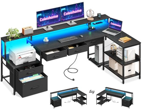 Coleshome Scrivania Angolare con Cassetti, Scrivania Gaming con Presa di Corrente e LED, Scrivania ad Angolo Reversibile con Supporto per Monitor per Ufficio a Casa, 195x100cm, Nero