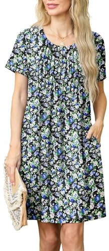 GRECERELLE Womens Summer Mini Dress Casual Short Sleeve Crew Neck Pleated Dresses with Pocket for Ladies (Black White Rose, XXL)