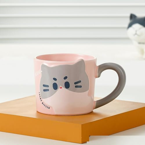 Huiyiwert Divertida taza de café de porcelana con diseño de gatos, taza de cerámica, taza de cacao, regalo para amantes de los gatos, mujeres, niñas, niños (gato gris)