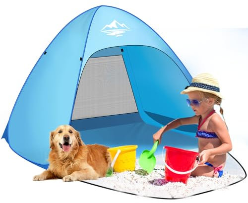 Tienda de playa emergente para 1 persona, protección UV 50+, protección contra el viento, pequeño espacio, azul