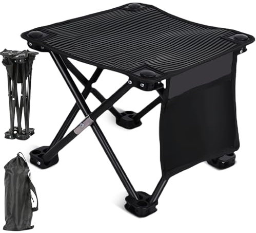 VEGOATY Klapphocker mit Seitentaschen: Hochfester Dreibeinhocker, Ultraleicht, Faltbar, Tragbar für Camping, Angeln, Wandern (38.9x53.3cm/Graue Streifen)