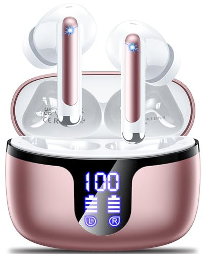 Wireless Earbuds Bluetooth 5.3 Headphones in Ear with 4 ENC Noise Cancelling Mic 2025 New Ear buds 42h Playtime HiFi Stereo Deep Bass Earphones IP6 Waterproof LED Display Bluetooth Earbuds USB-C Rose