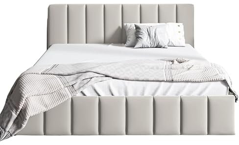 Sofello Polsterbett NINA mit Holzlattenrost 120 140 160 180 200 cm aus Samt Samtdoppelbett für Erwachsene und Jugendliche (Riviera 21 - beige, 200x200)