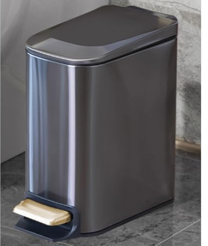 Sleek Black Stainless Steel Trash Can with Lid & Pedal, Soft Close Garbage Bin for Home, Narrow Design Kitchen Waste Bin with Inner Bucket, Space-Saving Pedal Bin