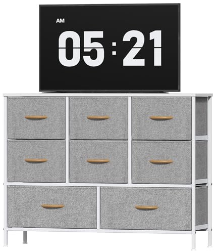Feonase Chest of Drawers, Bedroom Dresser with 8 Fabric Drawers, Metal Frame & MDF Wood Top, Adjustable Feet, Storage Organizer Unit for Bedroom, Closet, Living Room, Hallway, Light Grey