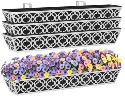HFHOME Set of 4 Extra Large Hanging Flower Boxes, 91.4cm/36in Outdoor Metal Window Box with Non-Woven Fabric Liner & Adjustable Brackets, Floating Planters for Balcony Terrace Fence Garden
