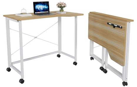 ChromaCasa Computer Desk Fold Easily - 90cm PC Computer Workstation with Wheel Locks,Contemporary Laptop with Durable Metal Pipe Structure,Compact Wooden folding desk for Study, Offices- Brown