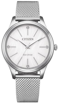 Citizen Eco-Drive Damenuhr Edelstahl, Weiß, 34 mm, EM1220-82A | Analog Quartz, Kristallglas, 5 bar Wasserdicht, 180 Tage Gangreserve, Edelstahlband