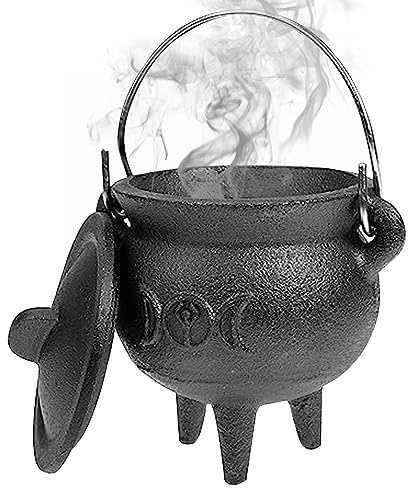 Peosaard Calderone Stregoneria in Ghisa, Calderone in Ghisa con Coperchio e Manico Halloween 10x2.95x2.95 Pollici Candela Decorativa Brucia Incenso Pentola per Stregoneria,