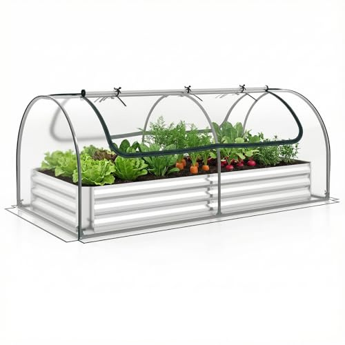 FANTASK 3 in 1 Gewächshaus mit Hochbeet, Foliengewächshaus mit PVC-Folie & 2 Fenstern, Rechteckiges Blumenbeet, Metall Pflanzkasten, Tomatenhaus für Garten, Terrasse & Balkon, 202 x 101 x 81 cm