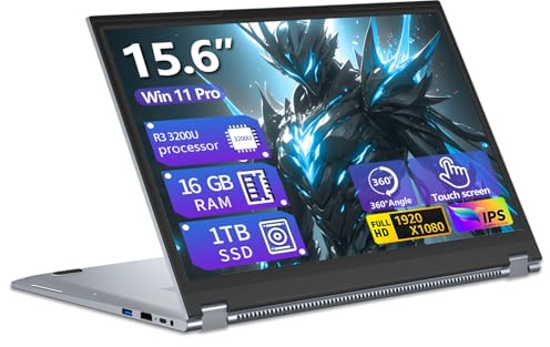 PC Portatile 2-in-1 Touchscreen da 15,6 Pollici, Win 11 Notebook con Ryzen 3 3200U Processore, Laptop 16GB RAM 1TB SSD, Computer Portatile 360° Rotation Touchscreen 1080P FHD RJ45 USB3.0 Mini-HDMI