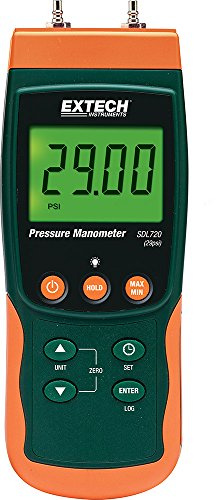Extech SDL720 Differential Pressure Manometer, 29 psi, SD Card | Differential pressure to 29 psi (2000 mbar), dual inputs, 10 units (psi/mbar/kPa/mmHg), +/-2%FS, SD card Excel