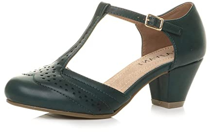 AJVANI Womens Ladies mid Low Block Heel t-bar Brogue Comfort Rubber Sole Court Shoes Sandals Size