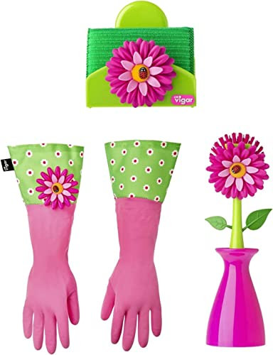 Vigar - Juego de 3 Piezas Cocina - Guantes, Cepillo con Soporte y Portaesponjas - 12.5 x 7.5 x 18 cm - Flower Power - Guantes de Látex - Verde, Rosado