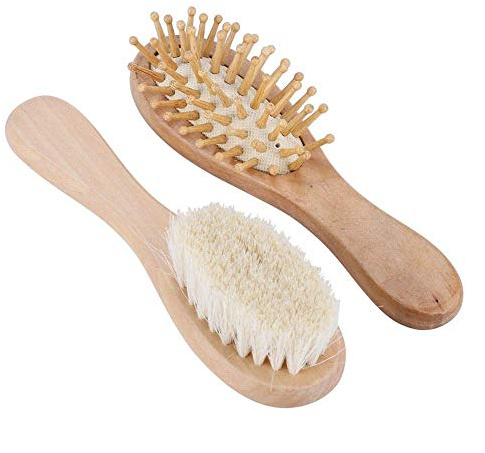 Babyhaar-Bürstenkammset,Baby Natürliche Hölzerne Haarbürste und Kamm Set umweltfreundliche Ziegenhaarborsten für Neugeborene Kleinkinder tägliche Pflege Baby Kleinkind HaarbüRste Set