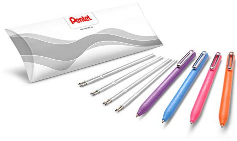 Pentel BX470 iZee Kugelschreiber 4 Farben Set inkl Nachfüllminen, farblich sortiert, Gehäusefarbe entspricht Schreibfarbe, Druckmechanik, Metallclip, Strichstärke 0,5 mm = Kugeldurchmesser 1,0 mm